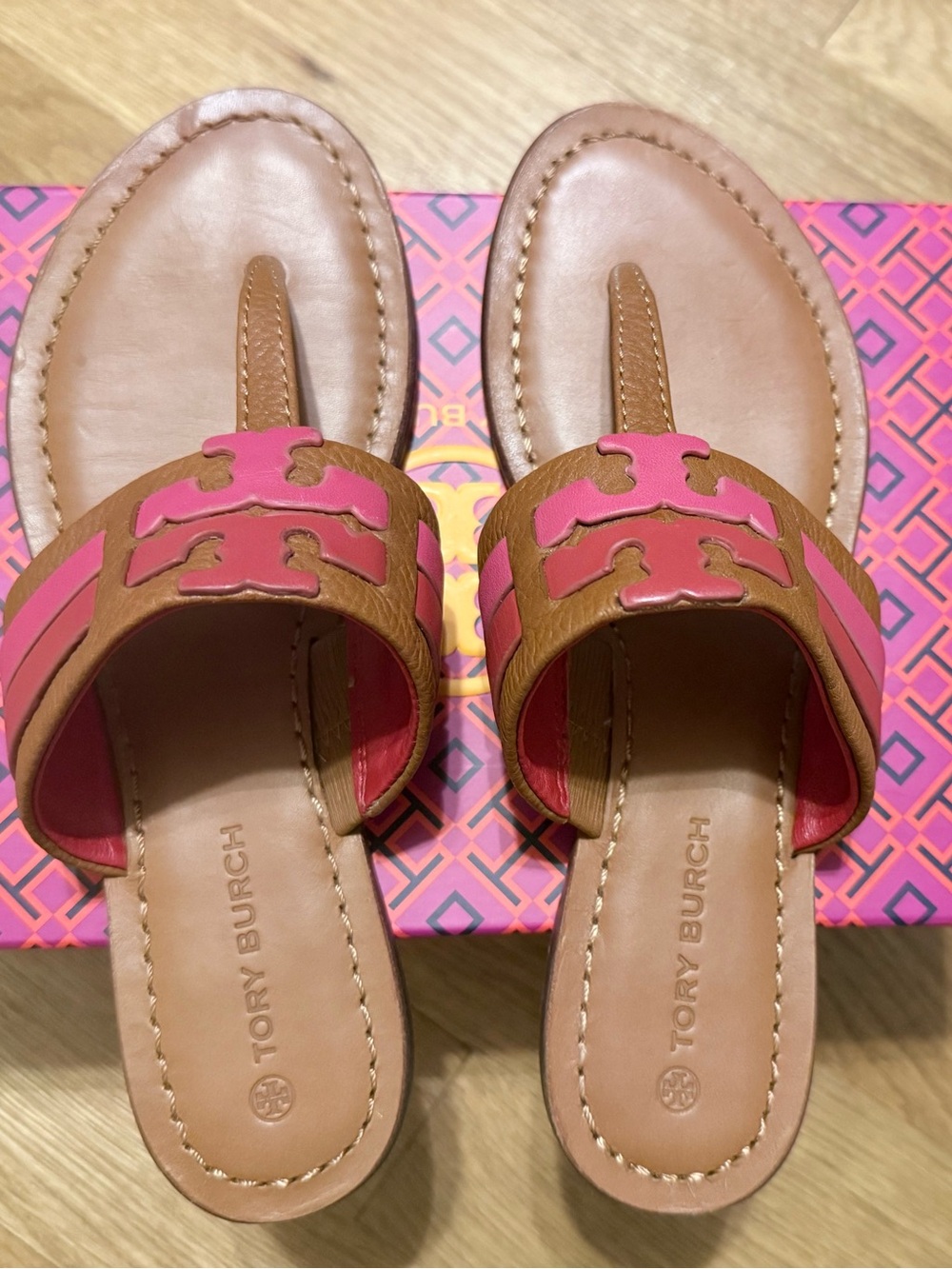 Tory Burch Pink and Tan Miller Logo Leather Thong Sandals